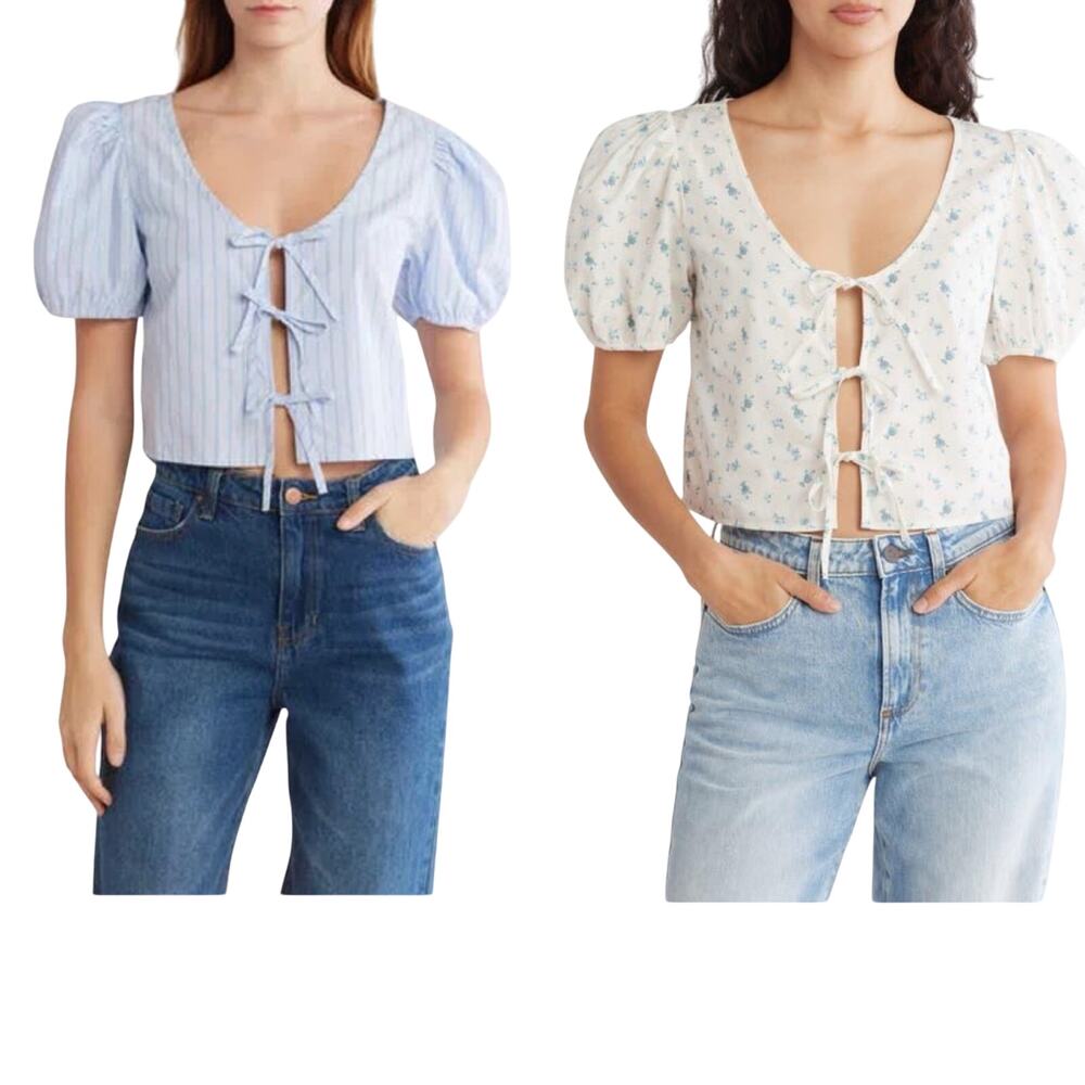 Abound Set Of 2 Bundle Tie Front Bow Cropped Top Puff Shoulder XS Small Blue